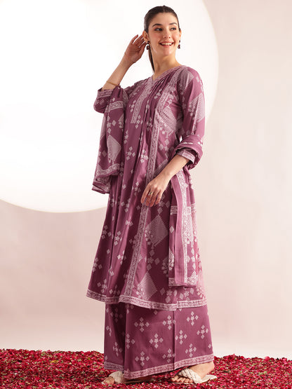 Lavender Geometric Pattern Fit & Flare Cotton Stitched Kurta, Sharara With Dupatta