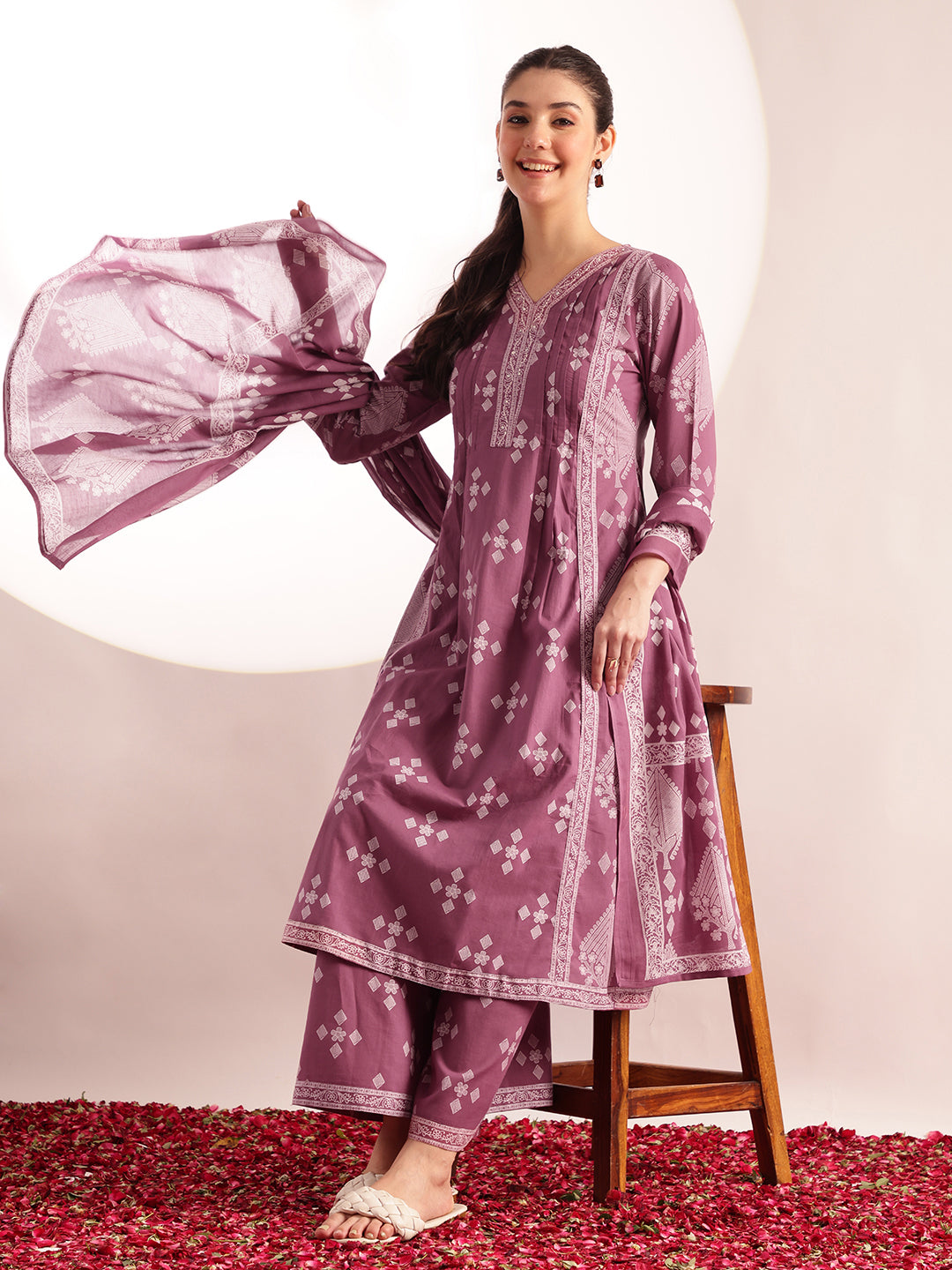 Lavender Geometric Pattern Fit & Flare Cotton Stitched Kurta, Sharara With Dupatta