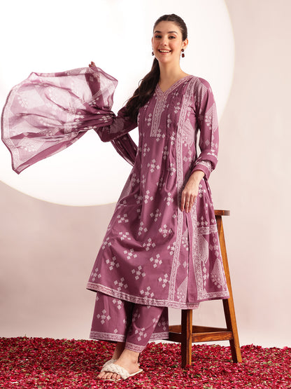 Lavender Geometric Pattern Fit & Flare Cotton Stitched Kurta, Sharara With Dupatta