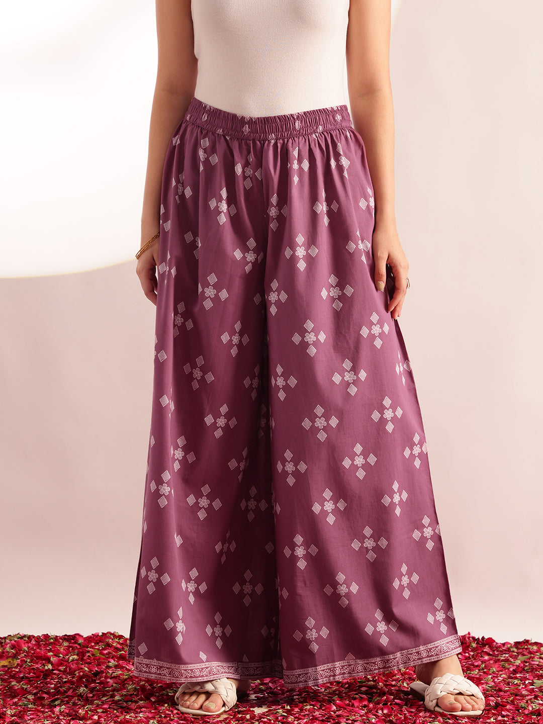 Lavender Geometric Pattern Fit & Flare Cotton Stitched Kurta, Sharara With Dupatta