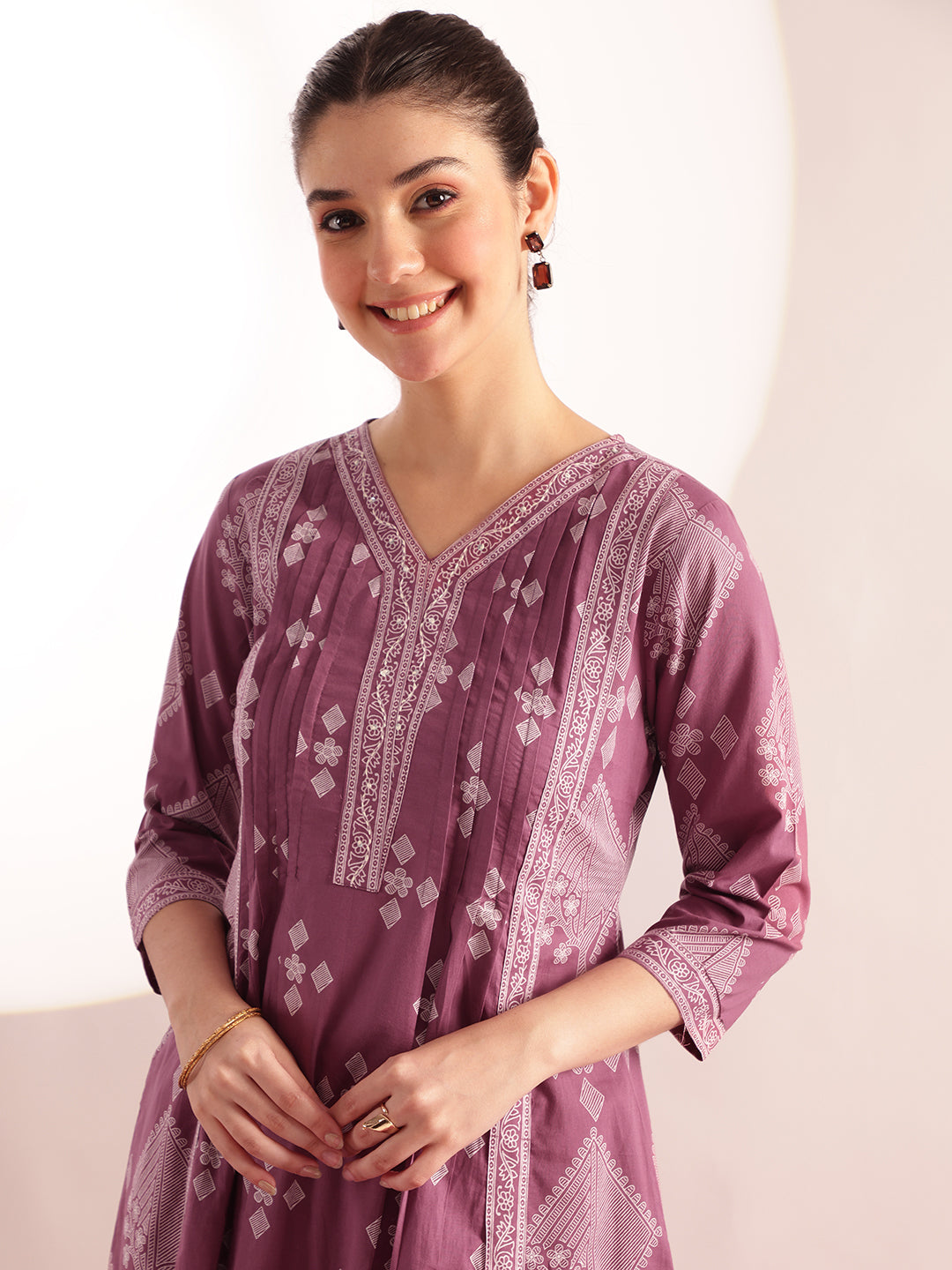 Lavender Geometric Pattern Fit & Flare Cotton Stitched Kurta, Sharara With Dupatta