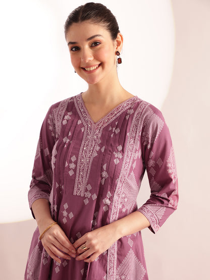 Lavender Geometric Pattern Fit & Flare Cotton Stitched Kurta, Sharara With Dupatta