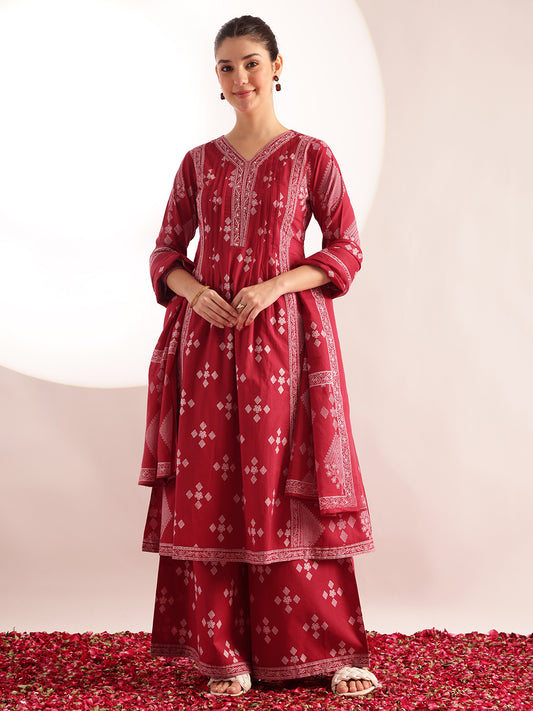Maroon Geometric Pattern Fit & Flare Cotton Stitched Kurta, Sharara With Dupatta