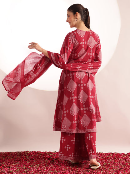 Maroon Geometric Pattern Fit & Flare Cotton Stitched Kurta, Sharara With Dupatta