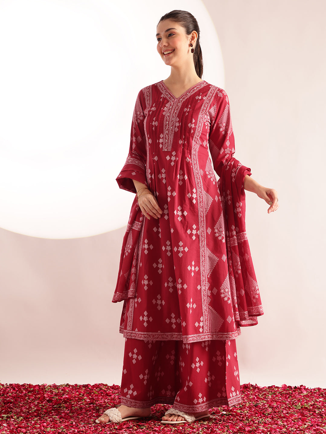 Maroon Geometric Pattern Fit & Flare Cotton Stitched Kurta, Sharara With Dupatta