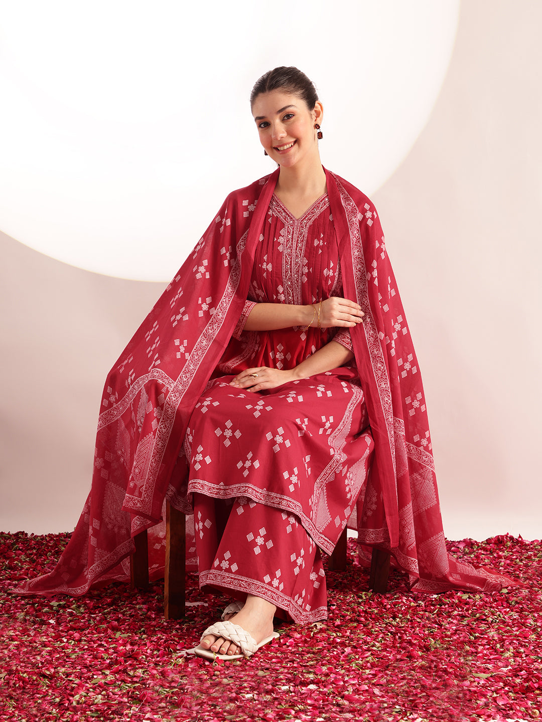 Maroon Geometric Pattern Fit & Flare Cotton Stitched Kurta, Sharara With Dupatta