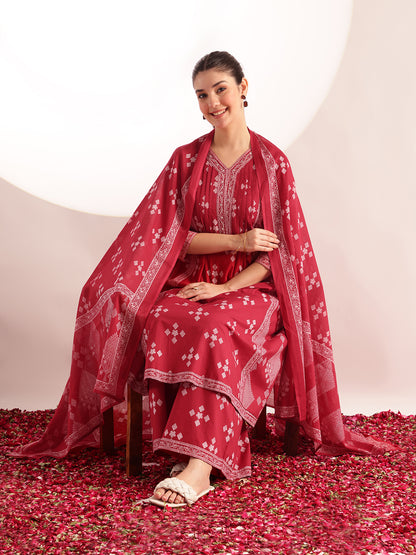 Maroon Geometric Pattern Fit & Flare Cotton Stitched Kurta, Sharara With Dupatta
