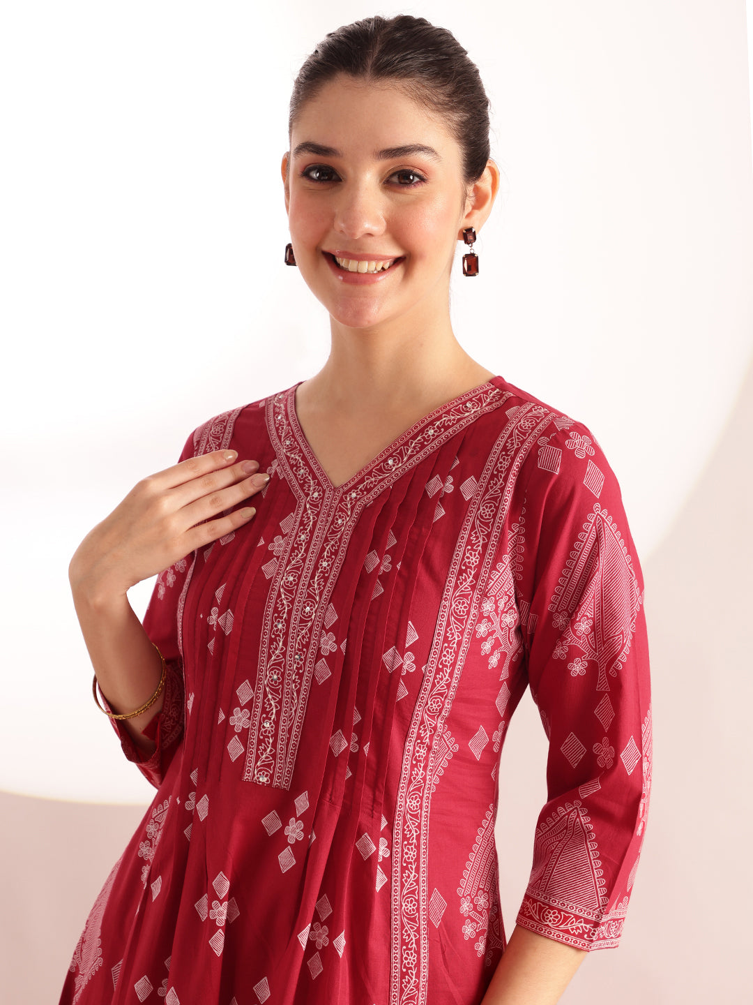 Maroon Geometric Pattern Fit & Flare Cotton Stitched Kurta, Sharara With Dupatta