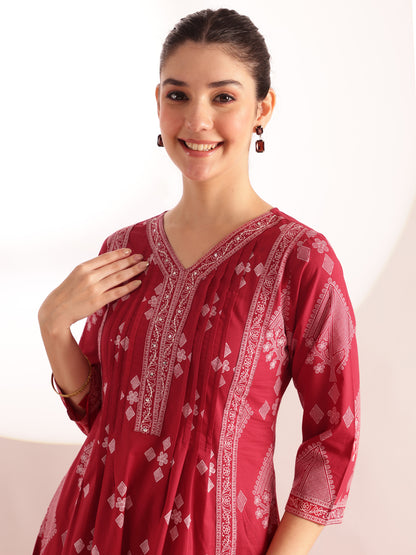 Maroon Geometric Pattern Fit & Flare Cotton Stitched Kurta, Sharara With Dupatta