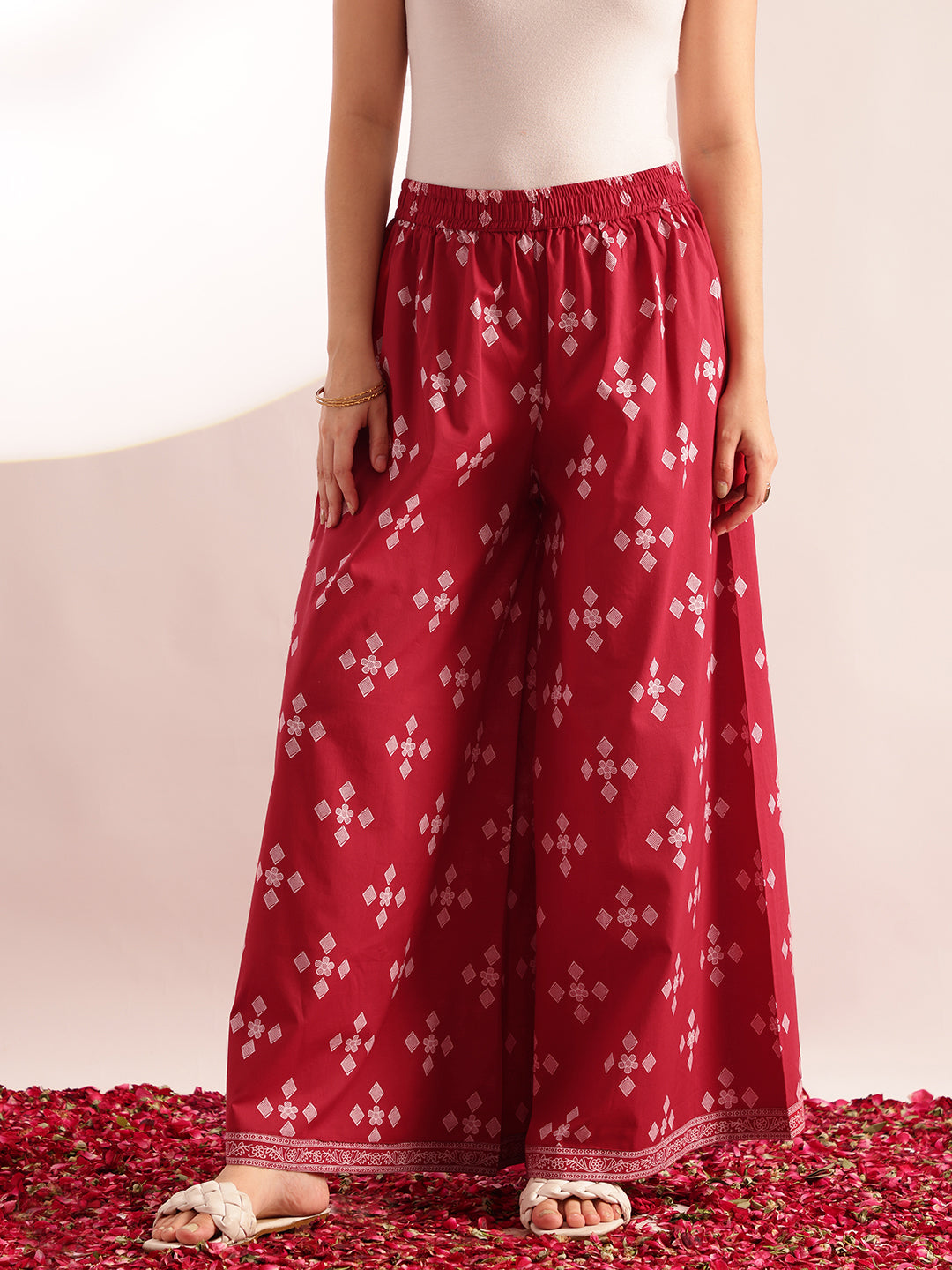 Maroon Geometric Pattern Fit & Flare Cotton Stitched Kurta, Sharara With Dupatta
