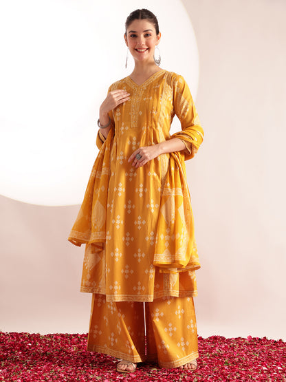 Yellow Geometric Pattern Fit & Flare Cotton Stitched Kurta, Sharara With Dupatta