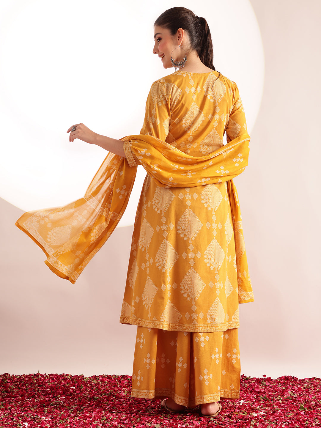 Yellow Geometric Pattern Fit & Flare Cotton Stitched Kurta, Sharara With Dupatta