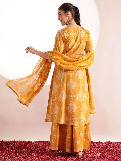 Yellow Geometric Pattern Fit & Flare Cotton Stitched Kurta, Sharara With Dupatta