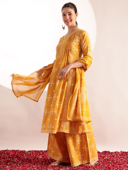 Yellow Geometric Pattern Fit & Flare Cotton Stitched Kurta, Sharara With Dupatta