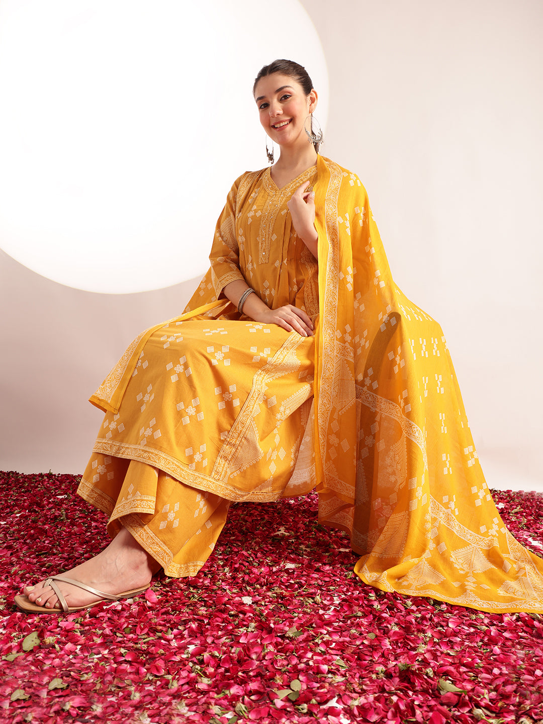 Yellow Geometric Pattern Fit & Flare Cotton Stitched Kurta, Sharara With Dupatta