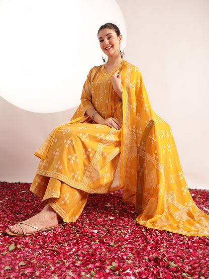 Yellow Geometric Pattern Fit & Flare Cotton Stitched Kurta, Sharara With Dupatta