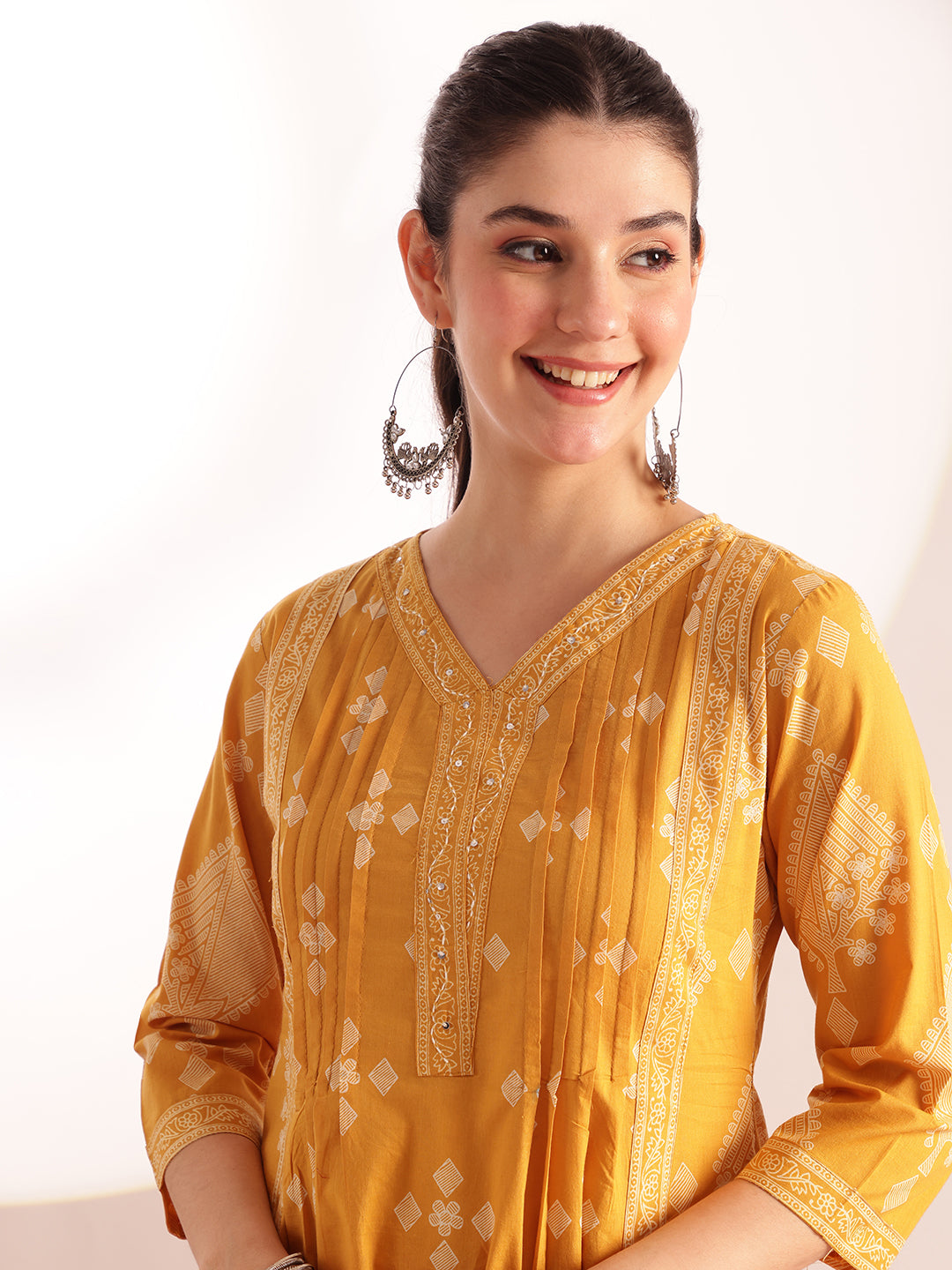 Yellow Geometric Pattern Fit & Flare Cotton Stitched Kurta, Sharara With Dupatta