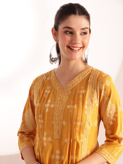 Yellow Geometric Pattern Fit & Flare Cotton Stitched Kurta, Sharara With Dupatta