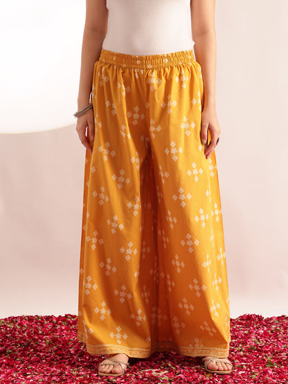 Yellow Geometric Pattern Fit & Flare Cotton Stitched Kurta, Sharara With Dupatta
