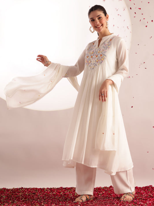 White Embroidered , Solid Fit & Flare Mul Chanderi Stitched Kurta, Palazzo With Dupatta