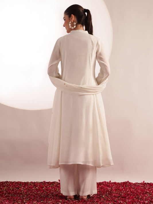 White Embroidered , Solid Fit & Flare Mul Chanderi Stitched Kurta, Palazzo With Dupatta