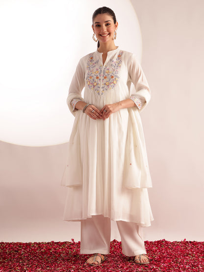 White Embroidered , Solid Fit & Flare Mul Chanderi Stitched Kurta, Palazzo With Dupatta