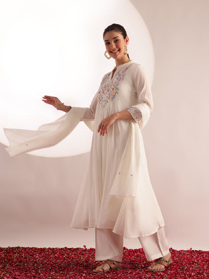 White Embroidered , Solid Fit & Flare Mul Chanderi Stitched Kurta, Palazzo With Dupatta