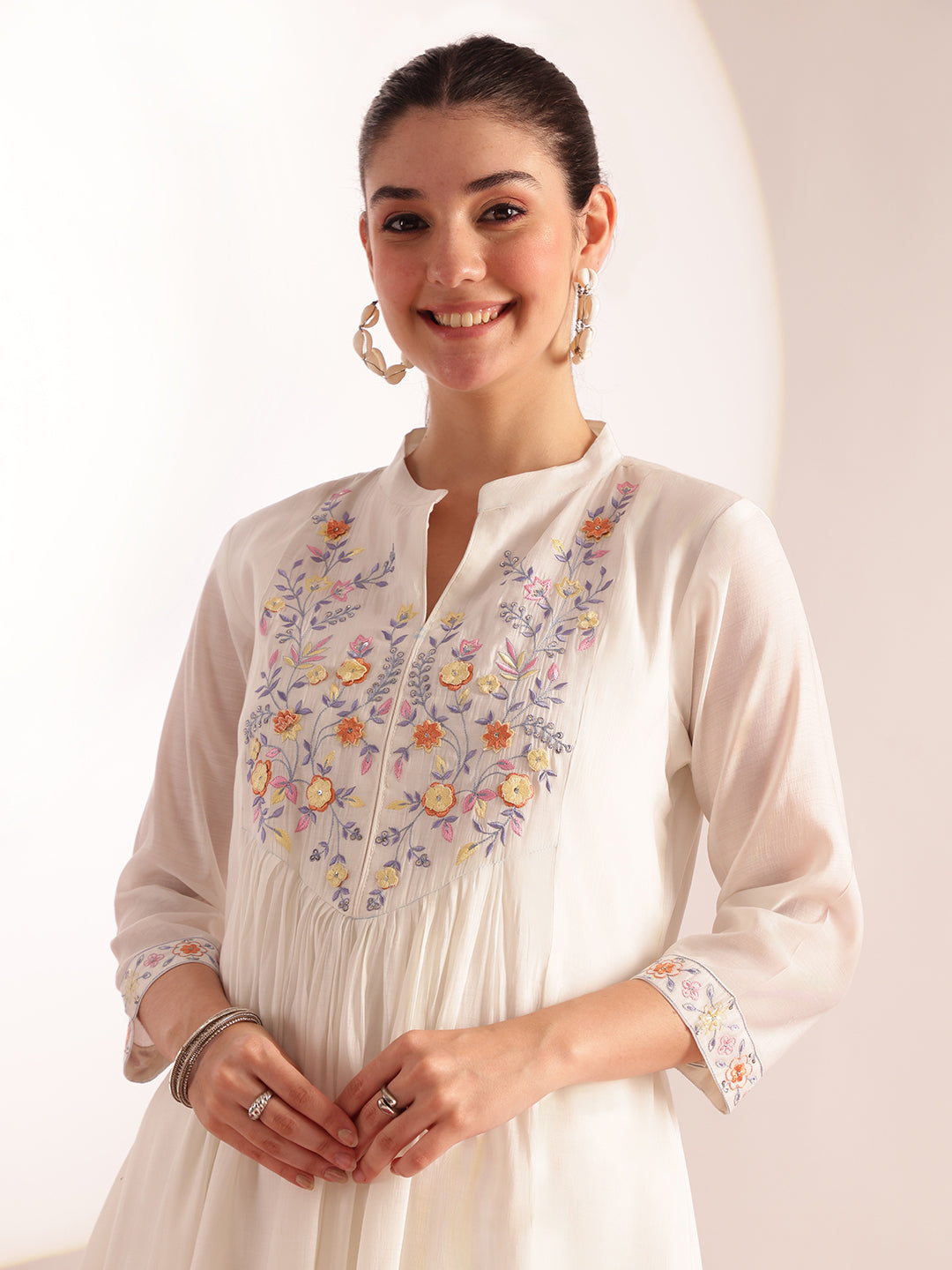 White Embroidered , Solid Fit & Flare Mul Chanderi Stitched Kurta, Palazzo With Dupatta