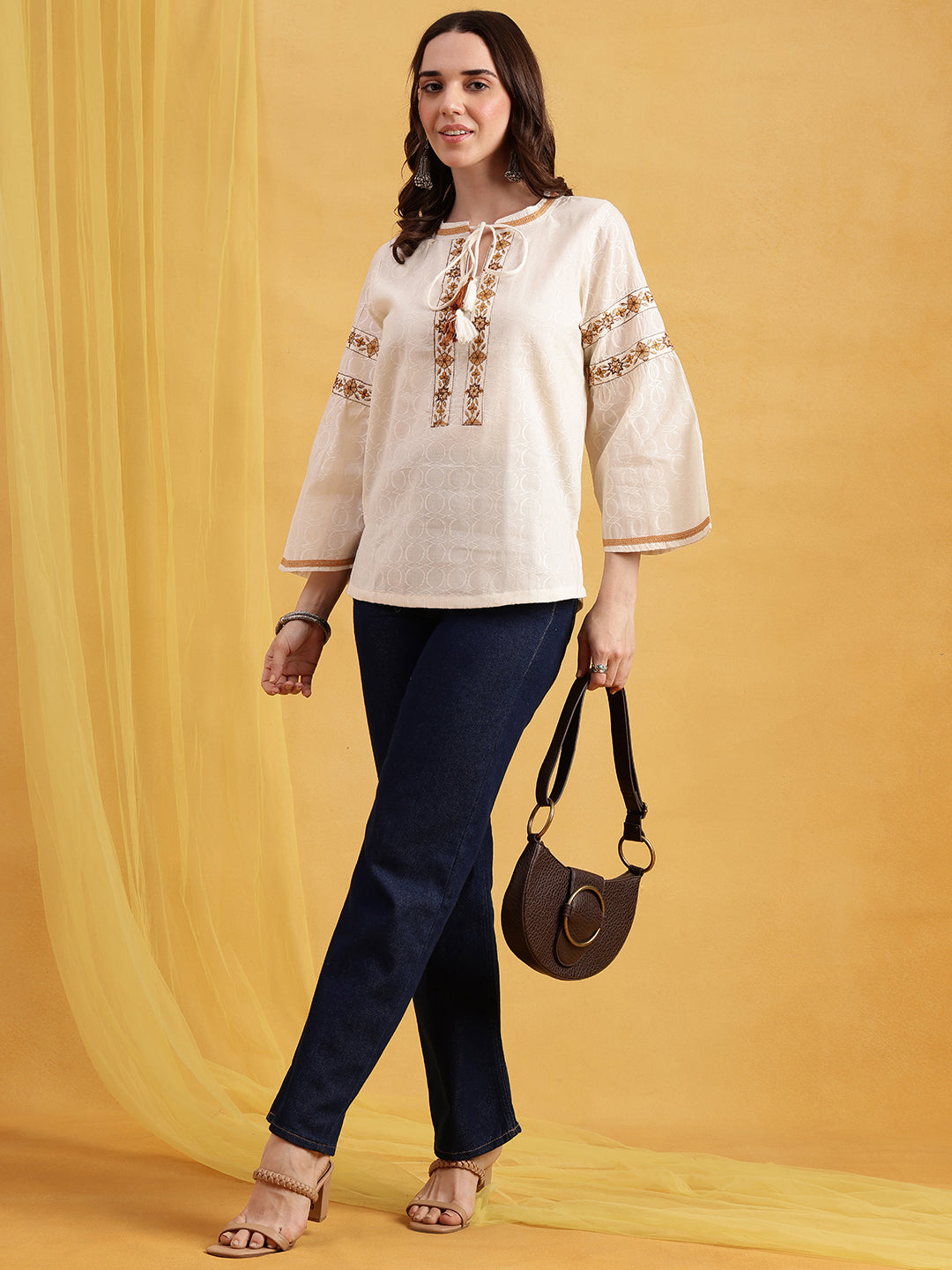 Off-White Embroidered, Solid Straight Cotton Jacquard Stitched Top