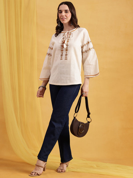 Off-White Embroidered, Solid Straight Cotton Jacquard Stitched Top