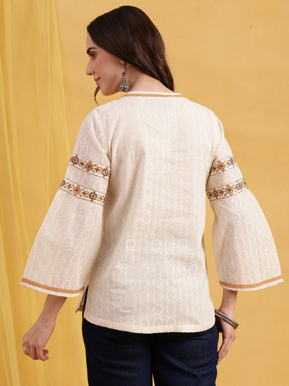 Off-White Embroidered, Solid Straight Cotton Jacquard Stitched Top