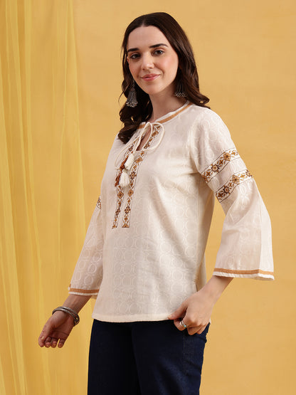 Off-White Embroidered, Solid Straight Cotton Jacquard Stitched Top
