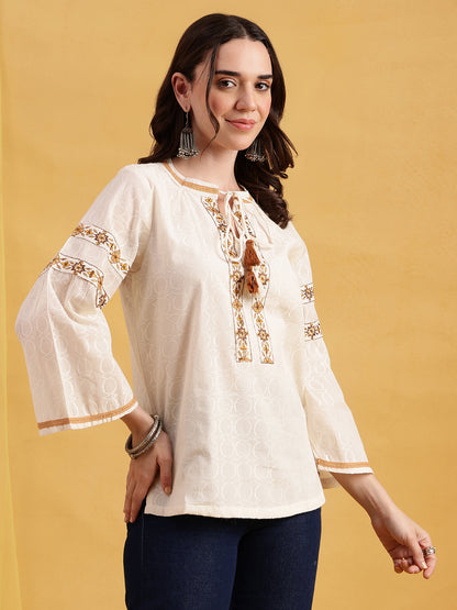 Off-White Embroidered, Solid Straight Cotton Jacquard Stitched Top