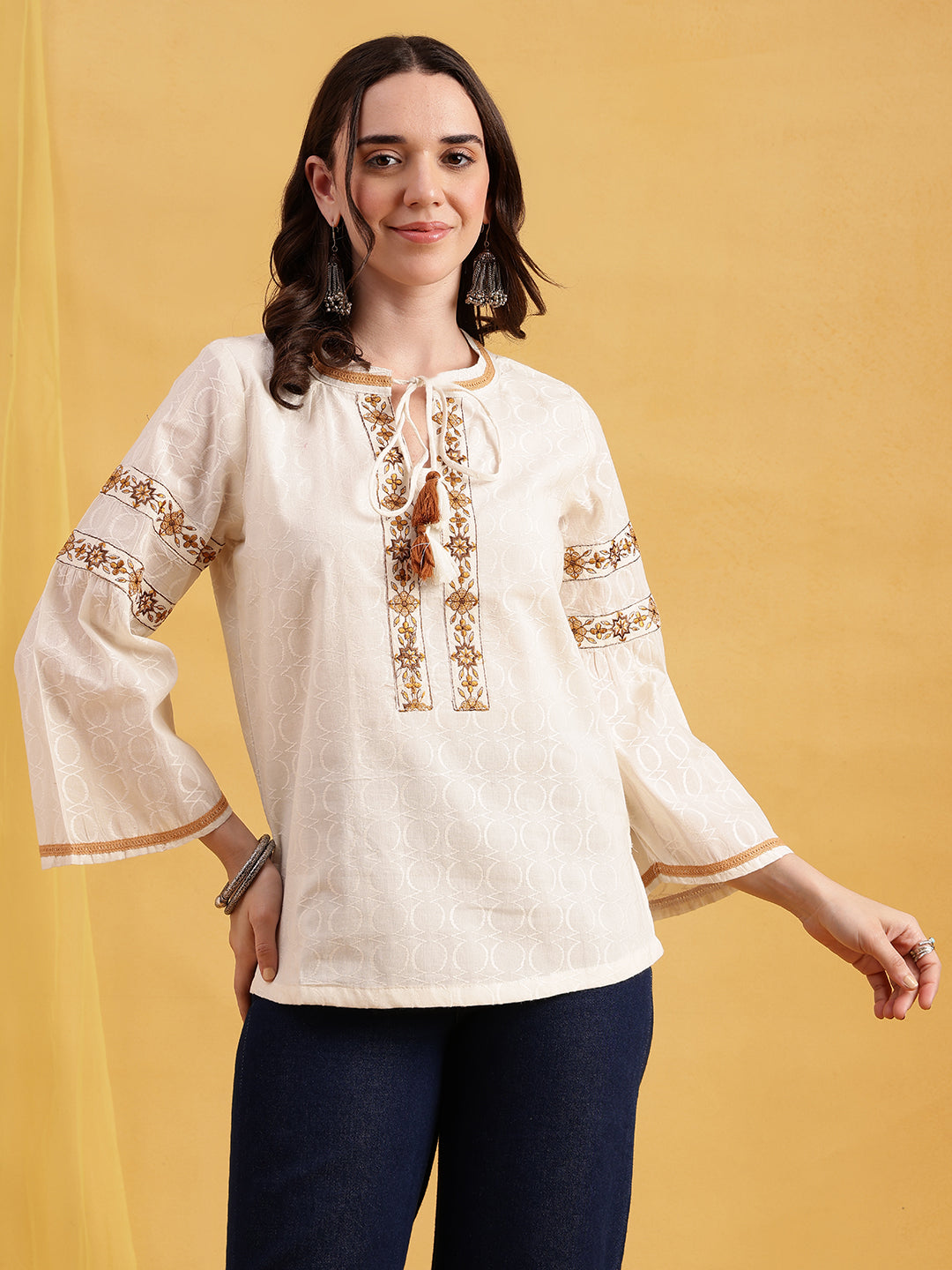 Off-White Embroidered, Solid Straight Cotton Jacquard Stitched Top