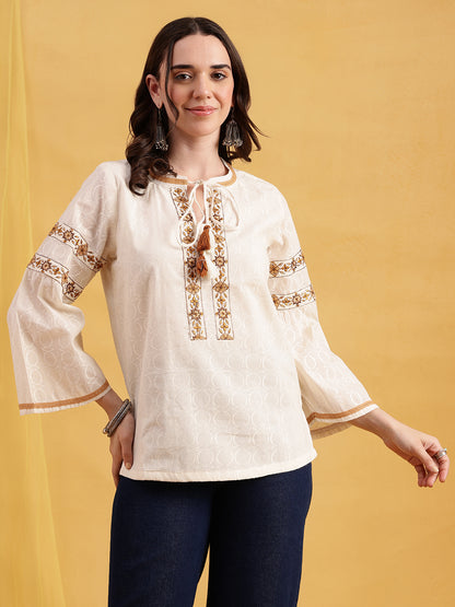 Off-White Embroidered, Solid Straight Cotton Jacquard Stitched Top