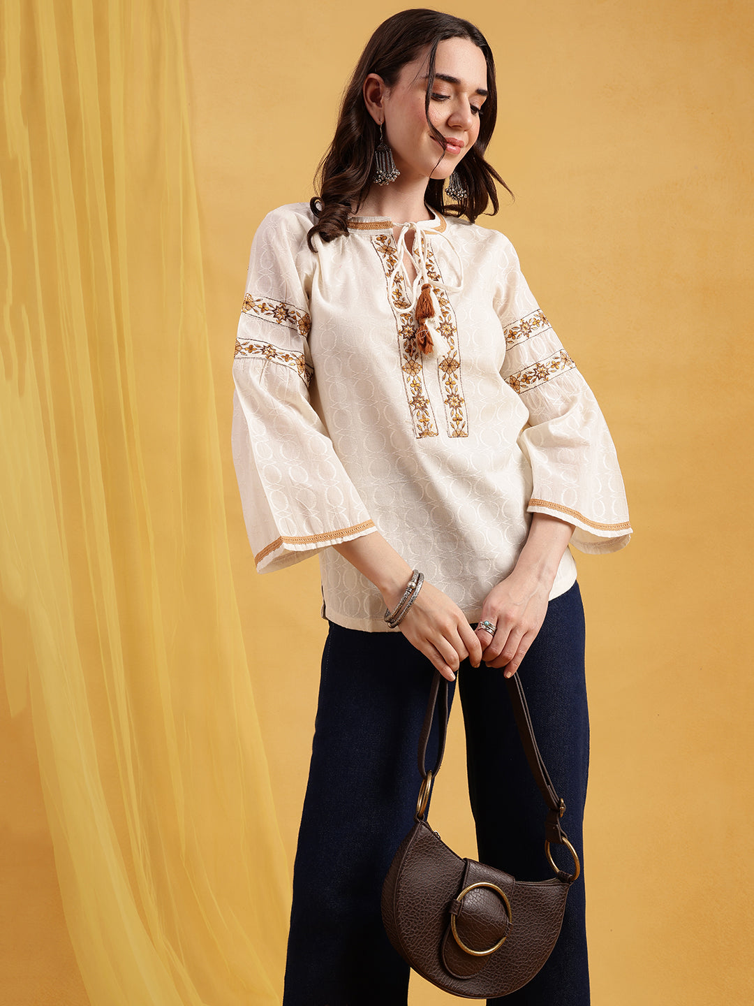 Off-White Embroidered, Solid Straight Cotton Jacquard Stitched Top