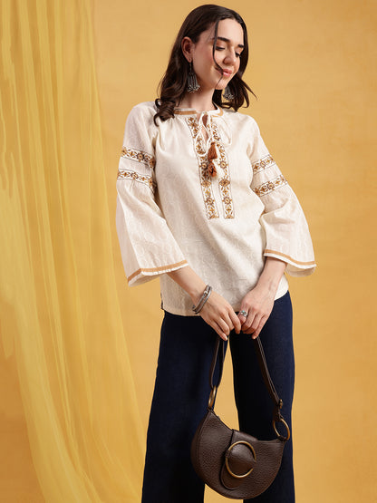 Off-White Embroidered, Solid Straight Cotton Jacquard Stitched Top