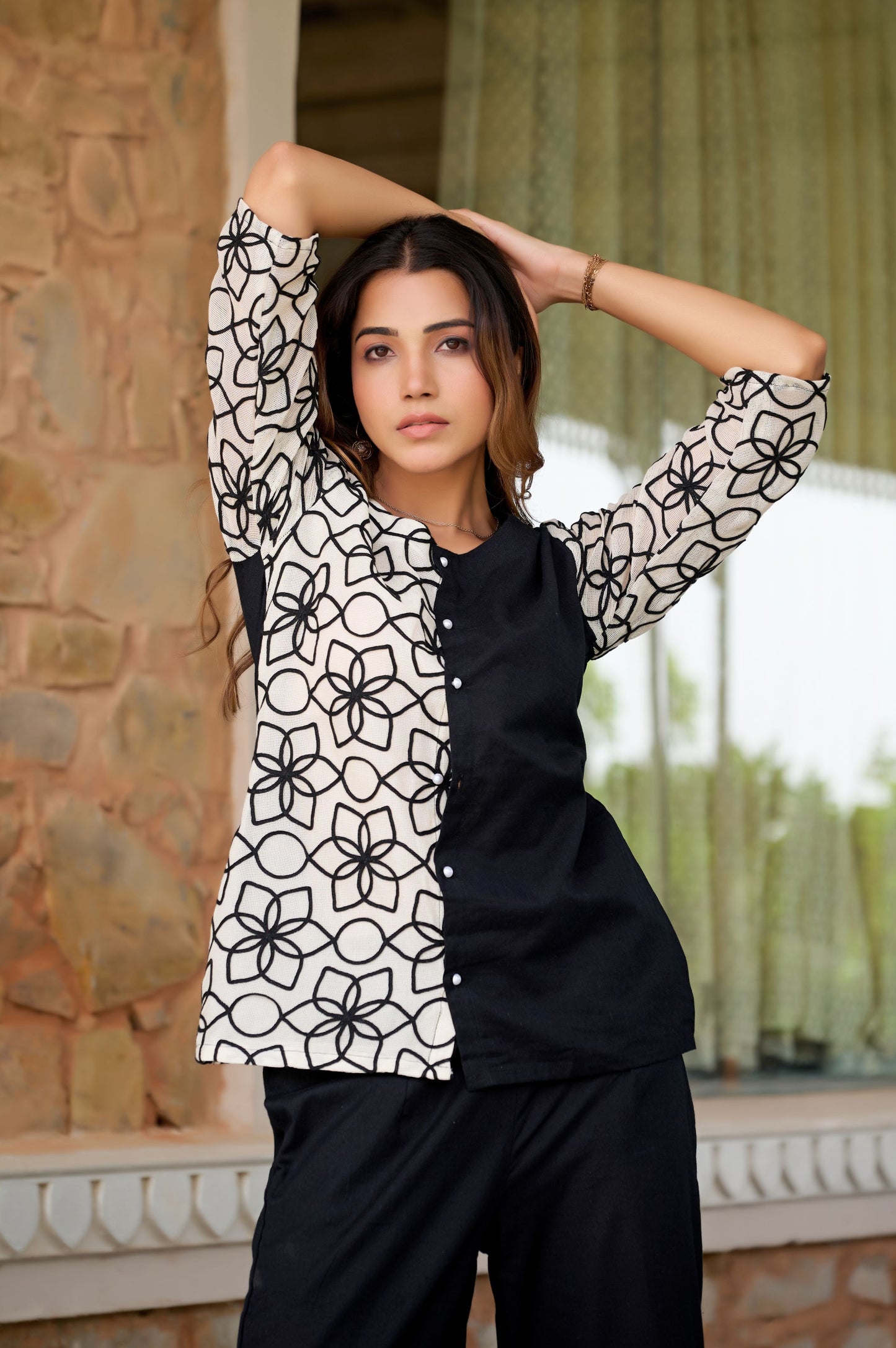White & Black Floral Print Straight Cotton Flex Stitched Co-Ord Set