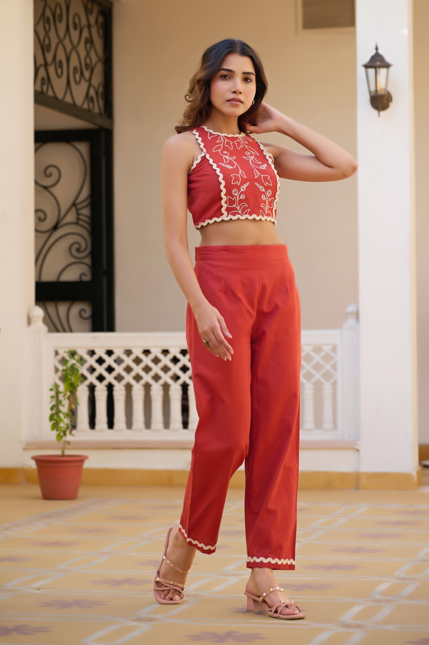 Orange Solid Straight Cotton Flex Stitched Co-Ord Set