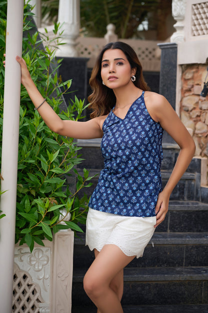 Blue Indigo Print Straight Cotton Stittched Top