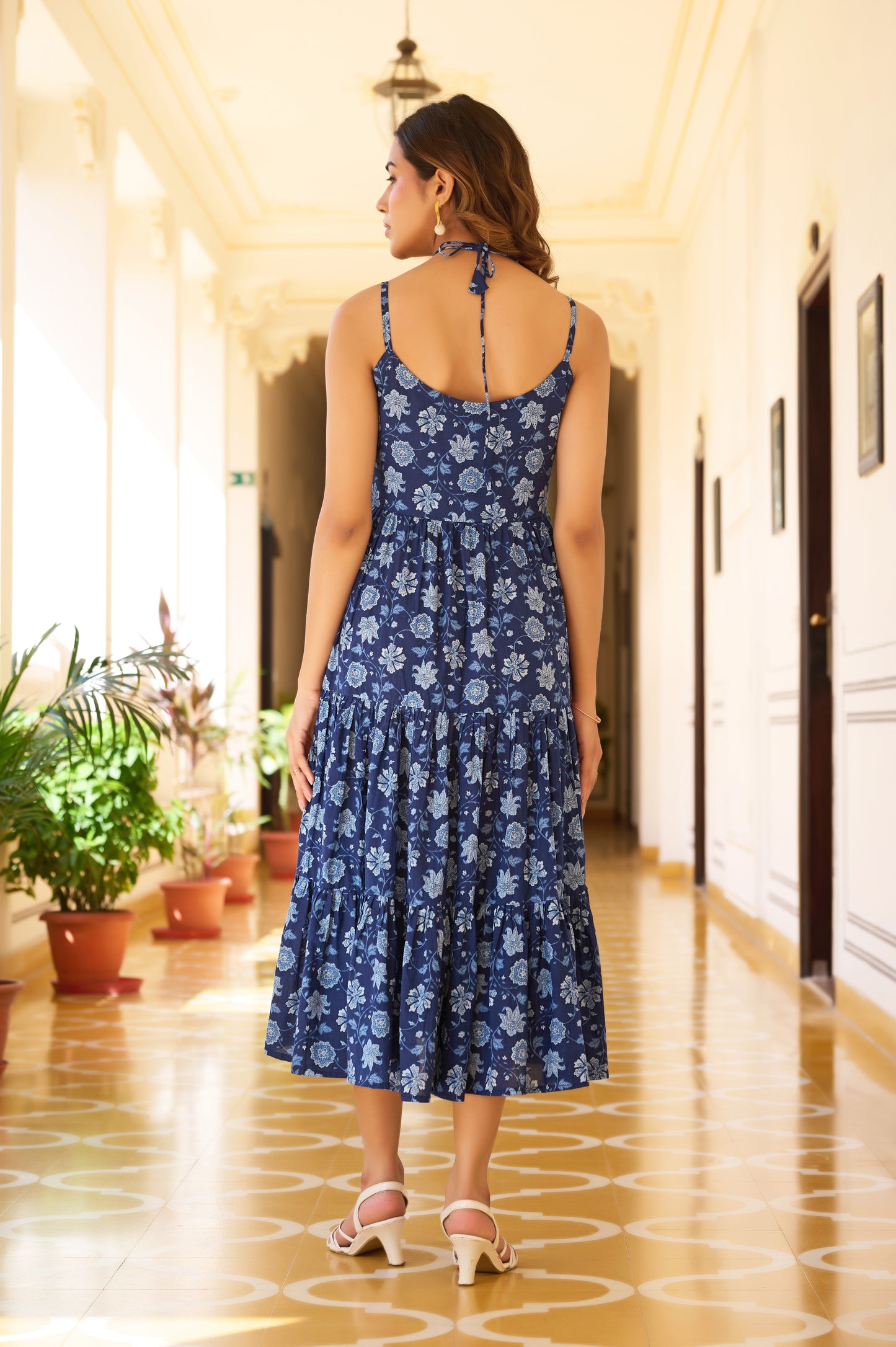 Blue Floral Print Fit & Flare Cotton Stitched Dress