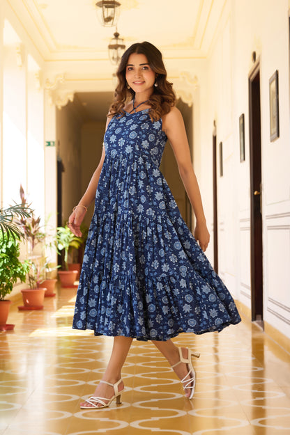Blue Floral Print Fit & Flare Cotton Stitched Dress