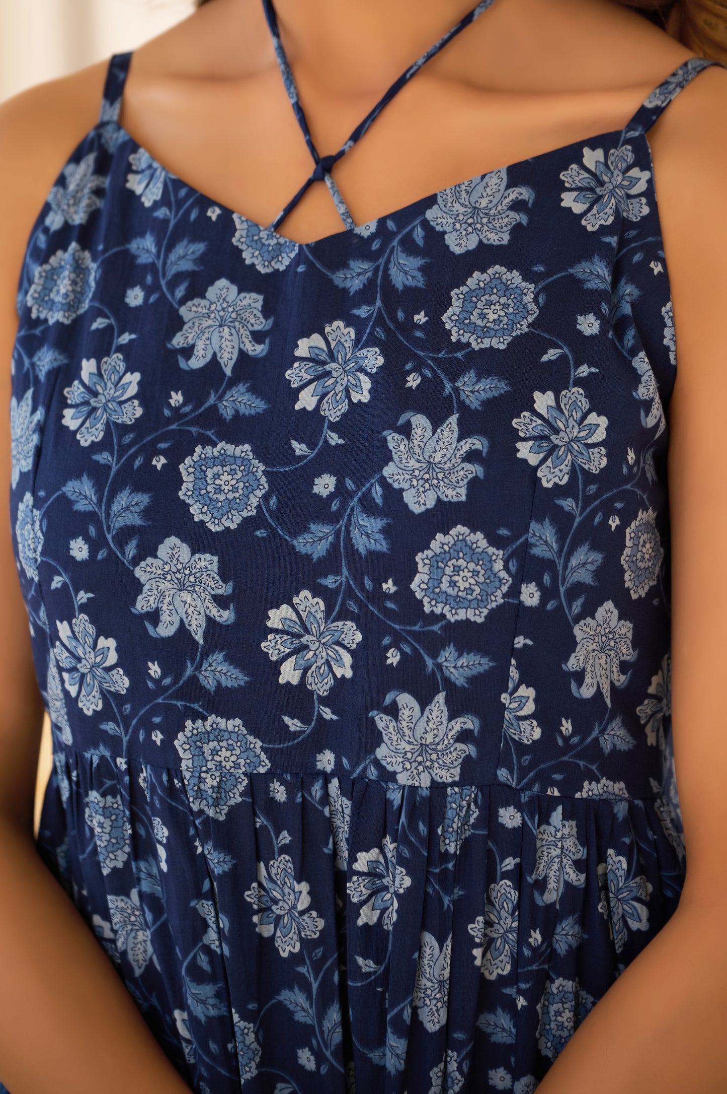 Blue Floral Print Fit & Flare Cotton Stitched Dress