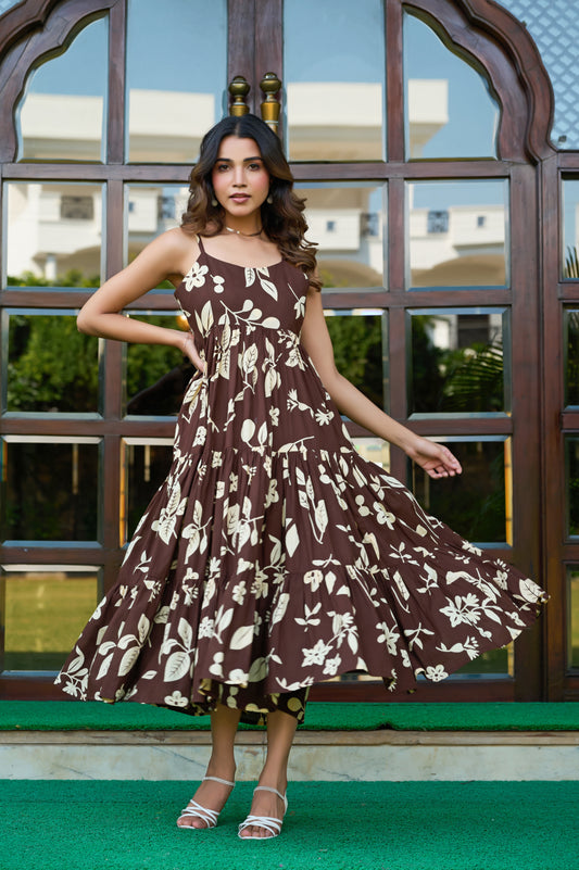 Brown Floral Print Fit & Flare Cotton Stitched Dress