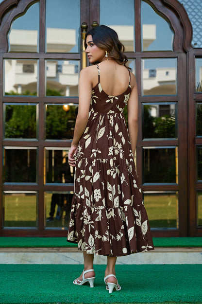 Brown Floral Print Fit & Flare Cotton Stitched Dress