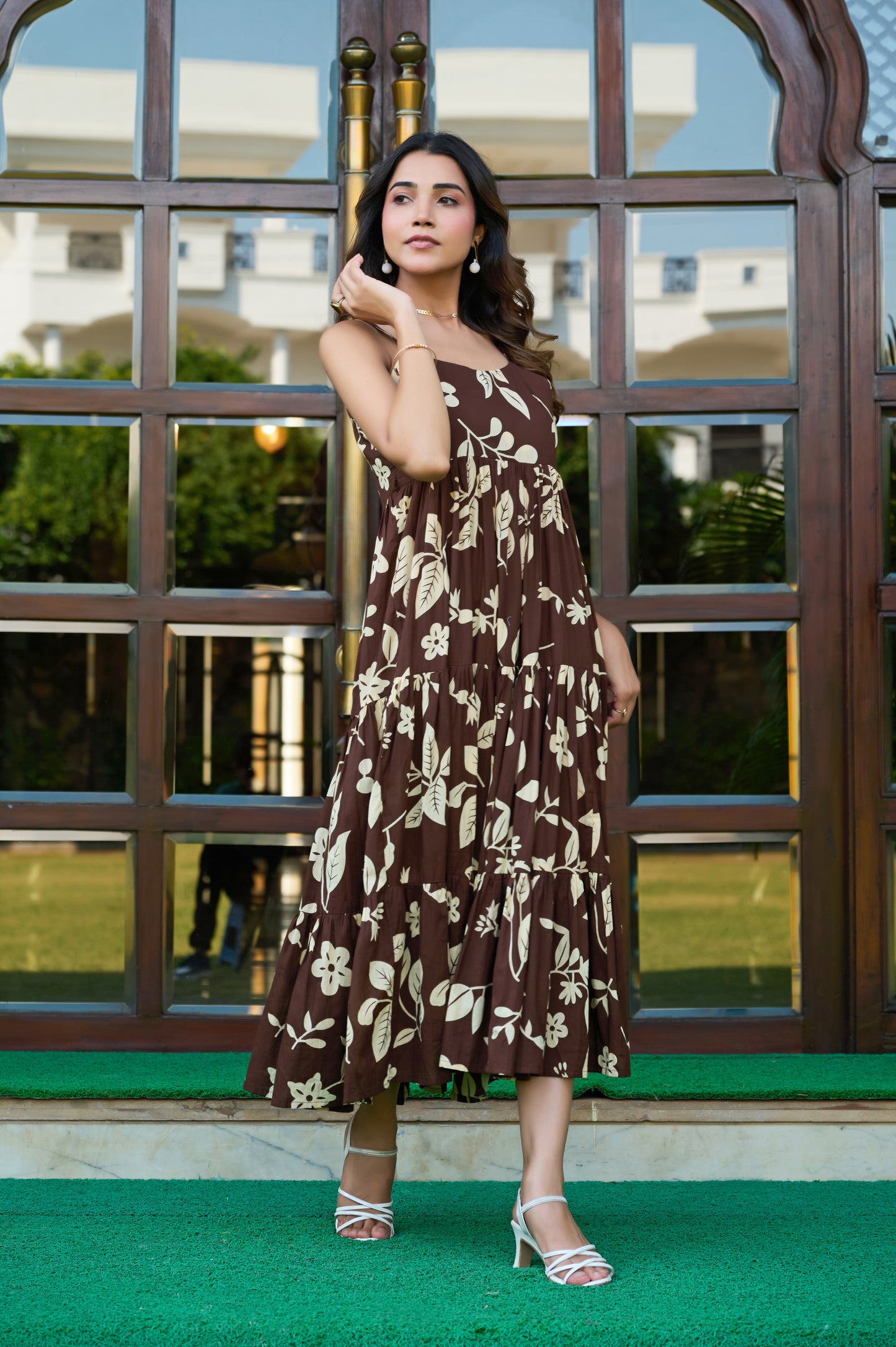 Brown Floral Print Fit & Flare Cotton Stitched Dress