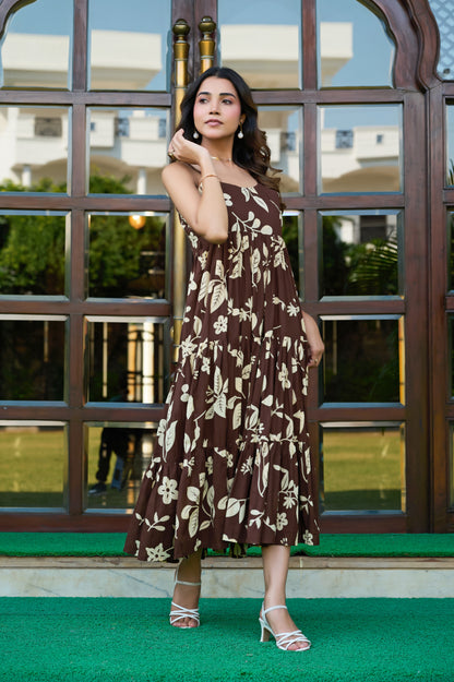 Brown Floral Print Fit & Flare Cotton Stitched Dress