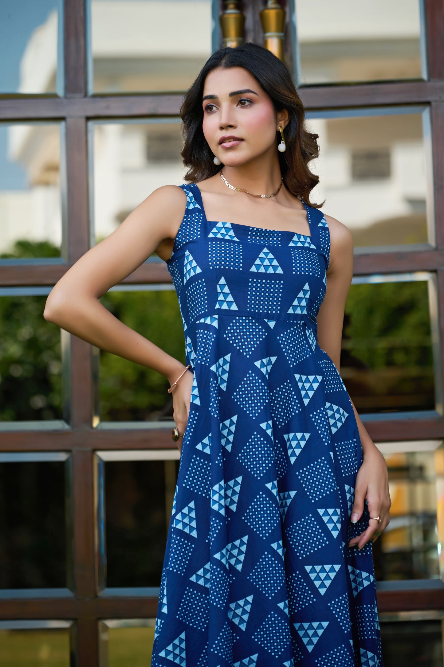 Blue Geometric Print Fit & Flare Cotton Stitched Dress