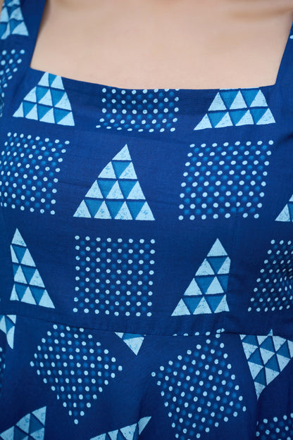 Blue Geometric Print Fit & Flare Cotton Stitched Dress