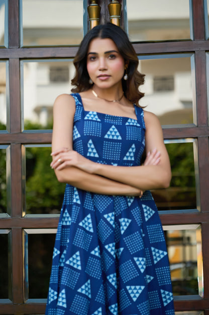 Blue Geometric Print Fit & Flare Cotton Stitched Dress